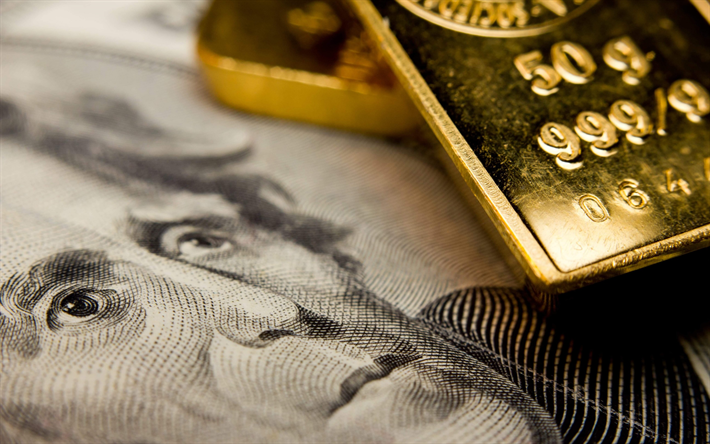 lingotes de oro, los d&#243;lares, los conceptos de dinero, finanzas, macro, billetes de banco, el oro y las reservas de moneda extranjera