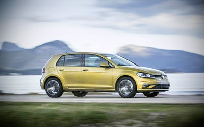 Volkswagen Golf TDI, 4k, 2019 cars, golden Golf, german cars, road, VW Golf, Volkswagen