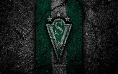 4k, Santiago Wanderers FC, emblem, Chilean Primera Division, soccer, black stone, football club, Chile, Santiago Wanderers, logo, asphalt texture, FC Santiago Wanderers