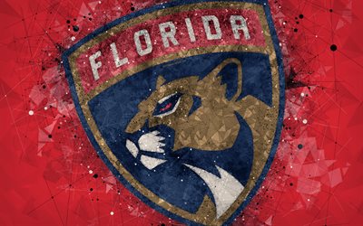 Florida Panthers, 4k, American hockey club, creative art, logo, tunnus, NHL, geometrinen taide, punainen abstrakti tausta, j&#228;&#228;kiekko, Sunrise, Florida, USA, National Hockey League