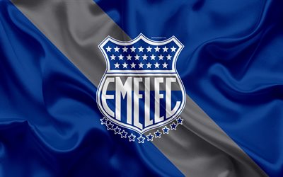CS Emelec, 4k, Ecuadorin football club, silkki tekstuuri, logo, sininen lippu, tunnus, Ecuadorin Serie A, Guayaquil, Ecuador, jalkapallo, Primera On