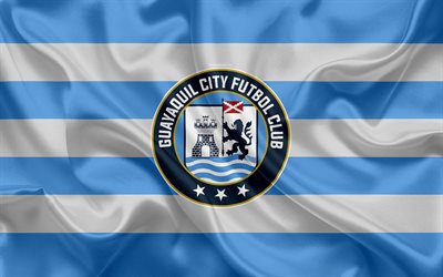 Guayaquil City FC, 4k, Ecuadorin football club, silkki tekstuuri, logo, sininen valkoinen lippu, tunnus, Ecuadorin Serie A, Guayaquil, Ecuador, jalkapallo, Primera On