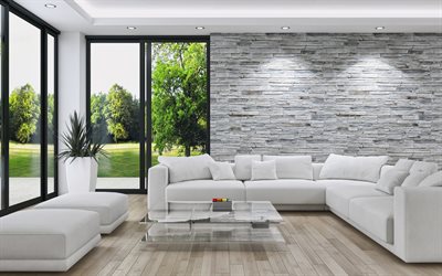 sala de estar, sala de blanco, interior de estilo, de piedra en la pared, dise&#241;o moderno, blanco sof&#225;s, interior, idea