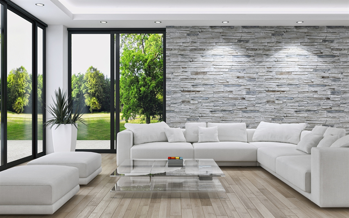 living room, white room, stylish interior, stone on the wall, modern design, white sofas, lounge, interior idea