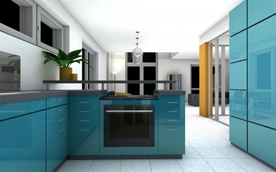 stylish kitchen interior, blue kitchen, glossy surfaces, modern blue kitchen furniture, kitchen design project