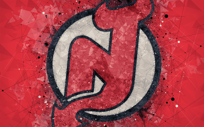 New Jersey Devils, 4k, Americana de h&#243;quei clube, arte criativa, logo, emblema, NHL, arte geom&#233;trica, vermelho resumo de plano de fundo, h&#243;quei, Newark, Nova Jersey, EUA, Liga Nacional De H&#243;quei