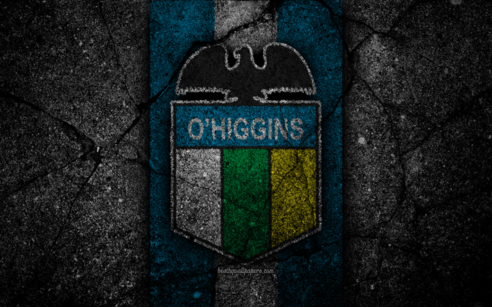 4k, O Higgins FC, emblem, Chilean Primera Division, soccer, black stone, football club, Chile, O Higgins, logo, asphalt texture, FC O Higgins