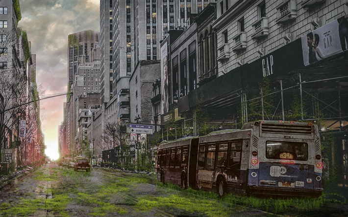 New York, 4k, apocalypse, world after people, USA, city after people, fantasy, art work, rusty bus