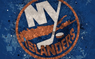 Islanders de New York, 4k, Am&#233;ricaine de hockey club, art cr&#233;atif, le logo, l&#39;embl&#232;me LNH, art g&#233;om&#233;trique, abstrait bleu fond, le hockey, New York, &#233;tats-unis, la Ligue Nationale de Hockey