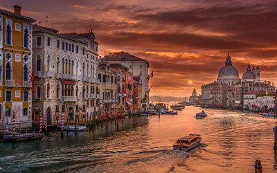 Venice, evening, sunset, Italy, boats, tourism, landmarks, Patriarchal Cathedral Basilica of Saint Mark