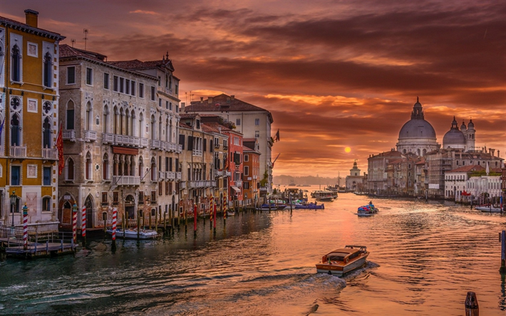 Venecia, tarde, puesta de sol, Italia, barcos, turismo, monumentos, Catedral Patriarcal Bas&#237;lica de San Marcos