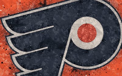 Les Flyers de philadelphie, 4k, Am&#233;ricaine de hockey club, art cr&#233;atif, le logo, l&#39;embl&#232;me LNH, geometric art, orange fond abstrait, de hockey, de Philadelphie, Pennsylvanie, etats-unis, la Ligue Nationale de Hockey
