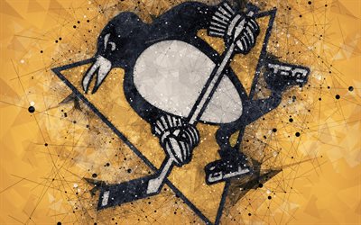 Les Penguins de Pittsburgh, 4k, Am&#233;ricaine de hockey club, art cr&#233;atif, le logo, l&#39;embl&#232;me LNH, geometric art, jaune fond abstrait, de hockey, Pittsburgh, Pennsylvanie, etats-unis, la Ligue Nationale de Hockey