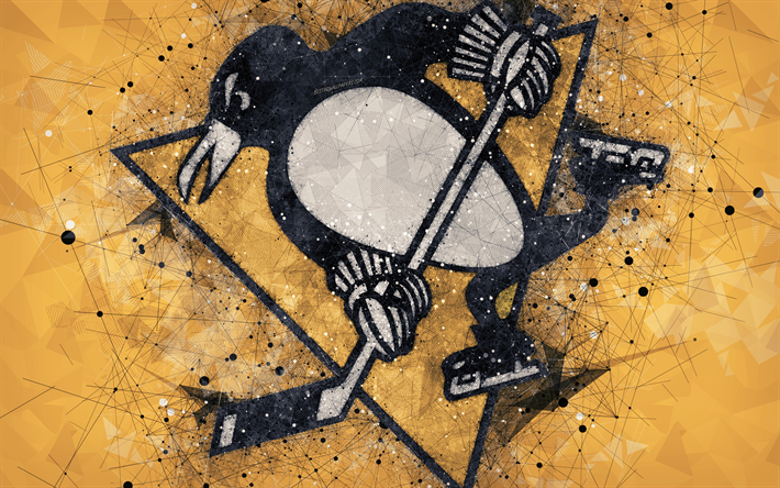 Pittsburgh Penguins, 4k, Amerikan hokey kul&#252;b&#252;, yaratıcı sanat, logo, amblem, NHL, geometrik sanat, sarı soyut arka plan, hokey, Pittsburgh, Pennsylvania, ABD Ulusal Hokey Ligi