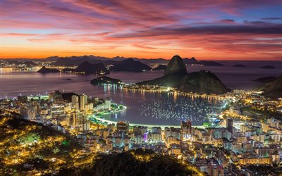 Rio de Janeiro, city panorama, bay, coast, ocean, sunset, evening, view from above, Brazil, city lights