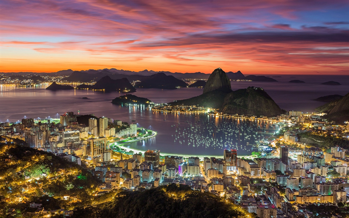 R&#237;o de Janeiro, panorama de la ciudad, la bah&#237;a, costa, mar, puesta de sol, noche, vista desde arriba, Brasil, luces de la ciudad