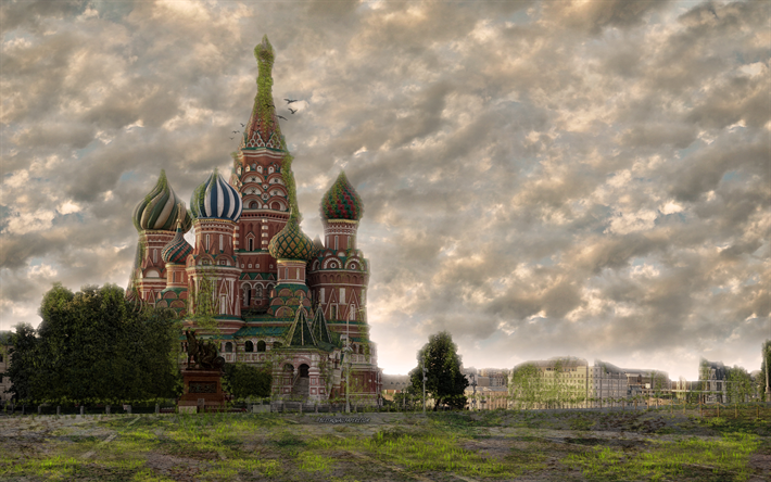 saint basils kathedrale, die welt nach menschen, apokalypse, 4k, kunstwerk, fantasy, roter platz, moskau, russland
