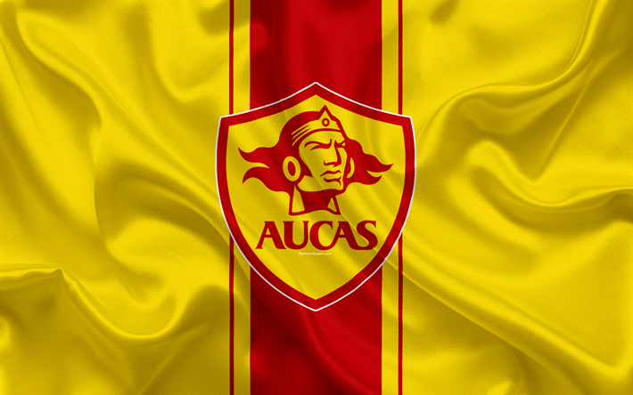 SD Aucas, 4k, Ecuadorian football club, silk texture, logo, yellow flag, emblem, Ecuadorian Serie A, Quito, Ecuador, football, Primera A