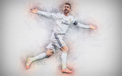 Sergio Ramos, 4k, opere d&#39;arte, stelle del calcio, Galacticos, Real Madrid, Liga, Ramos, calcio, calciatori, di disegno di Sergio Ramos