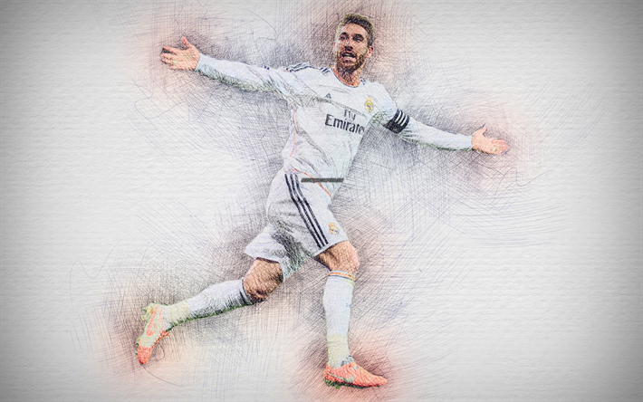 Sergio Ramos, 4k, des illustrations, des stars du football, Pittsburgh, le Real Madrid, Liga, Ramos, football, footballeurs, dessin Sergio Ramos