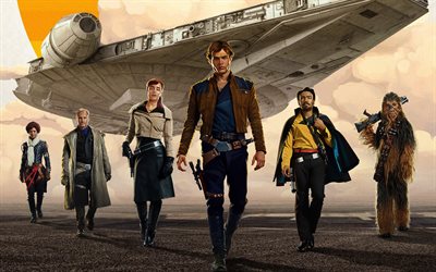 Solo A Star Wars Story, 2018, 4K, American adventure film, poster, all characters, spaceship, Alden Ehrenreich, Emilia Clarke, Donald Glover, Woody Harrelson, Phoebe Mary Waller-Bridge