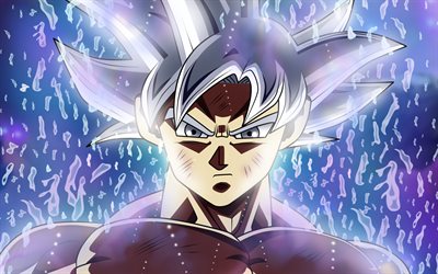 Goku Migatte Pas Gokui), Ultra Instinct de Goku, 4k, de la pluie, Dragon Ball, art, Ma&#238;tris&#233; Ultra Instinct, Super Saiyan Dieu, DBS, Dragon Ball Super