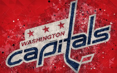 Washington Capitals, 4k, American hockey club, kreativ konst, logotyp, emblem, NHL, geometriska art, red abstrakt bakgrund, hockey, Washington, USA, National Hockey League