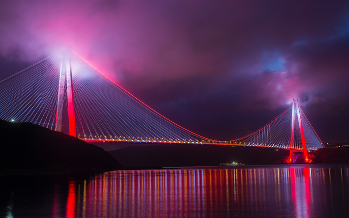 يافوز سلطان سليم الجسر, البوسفور, مساء, الجسر المعلق, الإضاءة, أضواء المدينة, 4k, اسطنبول, تركيا