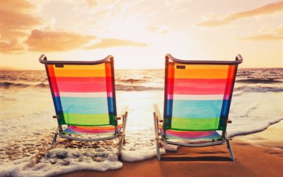 sunset, summer travel, seascape, beach chairs, summer, tourism, relaxation, tropical island, ocean, relax concepts