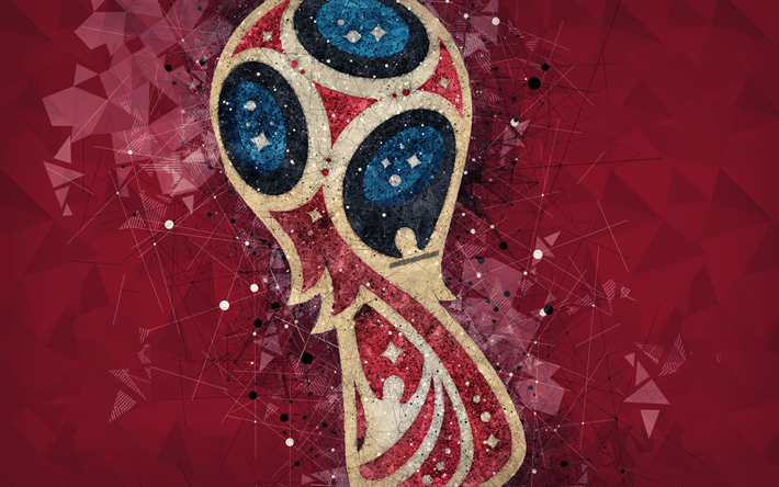 Copa do Mundo da FIFA de 2018, A r&#250;ssia 2018, 4k, criativo arte geom&#233;trica, logo, emblema, roxo resumo de plano de fundo, futebol, campeonato do mundo, R&#250;ssia