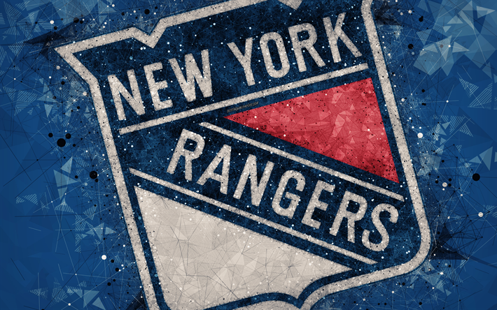 new york rangers, 4k, american hockey club, kunst, logo, emblem, nhl, geometrische kunst, blau, abstrakt, hintergrund, hockey, new york, usa national hockey league