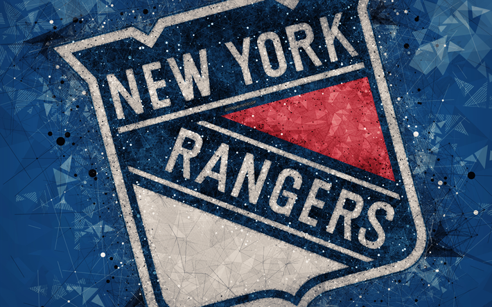 New York Rangers, 4k, American hockey club, creative art, logo, tunnus, NHL, geometrinen taide, sininen abstrakti tausta, j&#228;&#228;kiekko, New York, USA, National Hockey League