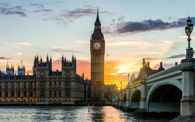 Big Ben, Lontoo, sunset, vanha kappeli, Thames, Westminster Bridge, Yhdistynyt Kuningaskunta, Lontoo maamerkkej&#228;, Westminsterin Palatsi