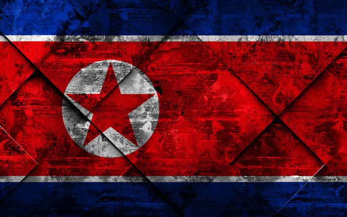 Flagga av Nordkorea, 4k, grunge konst, rhombus grunge textur, Nordkoreas flagga, Asien, nationella symboler, Nordkorea, kreativ konst
