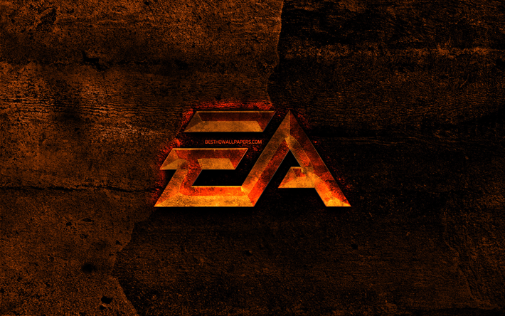 EA Games logo fiery, Electronic Arts, arancio pietra sfondo, EA Games, creativo, EA Games logo, i marchi, i Giochi EA