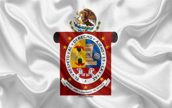 العلم أواكساكا, 4k, الحرير العلم, الدولة المكسيكية, أواكساكا العلم, معطف من الأسلحة, نسيج الحرير, أواكساكا, المكسيك