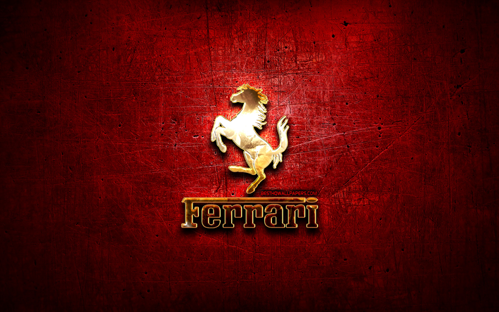 Ferrari golden logo, cars brands, artwork, red metal background, creative, Ferrari logo, brands, Ferrari