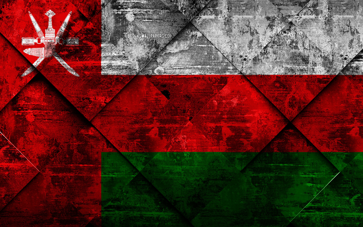 Bandiera dell&#39;Oman, 4k, grunge, arte, rombo grunge, texture, Oman, bandiera, Asia, simboli nazionali, arte creativa