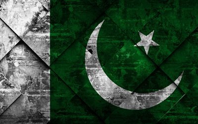 Flag of Pakistan, 4k, grunge art, rhombus grunge texture, Pakistan flag, Asia, national symbols, Pakistan, creative art