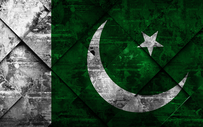 Flag of Pakistan, 4k, grunge art, rhombus grunge texture, Pakistan flag, Asia, national symbols, Pakistan, creative art