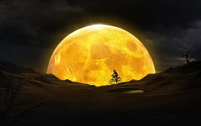 cyclist silhouette, moon, 3D art, nightscapes, desert, silhouette of cyclist
