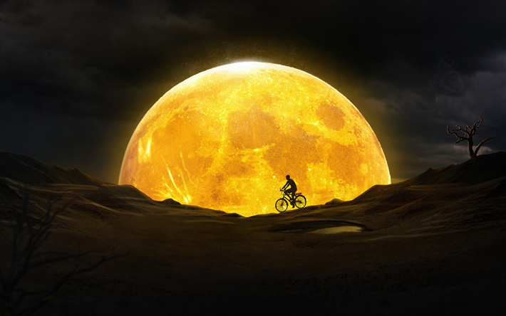cycliste silhouette, la lune, la 3D, l&#39;art, les paysages nocturnes, le d&#233;sert, la silhouette de coureur cycliste