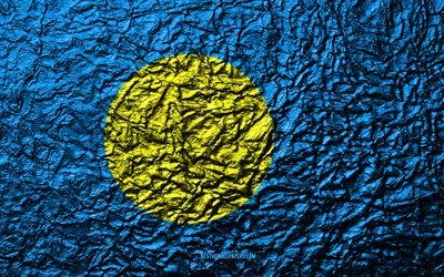 Flag of Palau, 4k, stone texture, waves texture, Palau flag, national symbol, Palau, Oceania, stone background