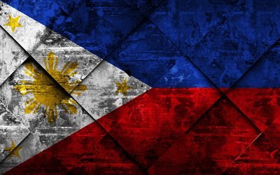 Flag of Philippines, 4k, grunge art, rhombus grunge texture, Philippines flag, Asia, national symbols, Philippines, creative art