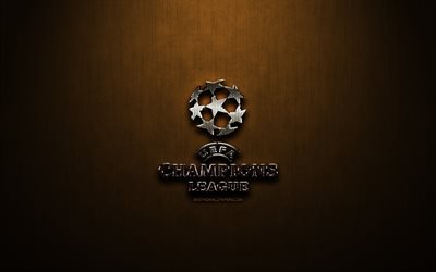 UEFA Champions League glitter logo, football leagues, creative, bronze metal background, UEFA Champions League logo, brands, UEFA Champions League