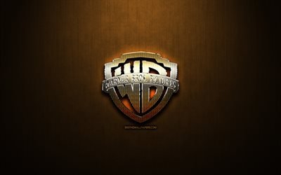 Warner Bros glitter logo, cars brands, creative, bronze metal background, Warner Bros logo, brands, Warner Bros