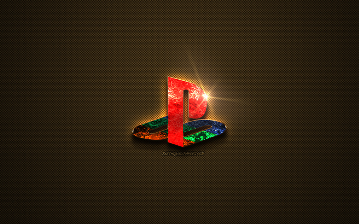 PlayStation logo, PS4, creativo, arte, d&#39;oro, la texture in fibra di carbonio trama, PS4 emblema, PlayStation