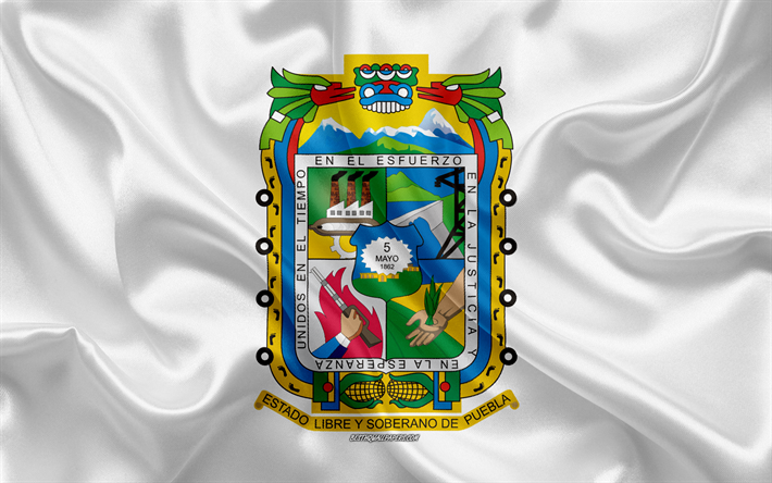 العلم من بويبلا, 4k, الحرير العلم, الدولة المكسيكية, بويبلا العلم, معطف من الأسلحة, نسيج الحرير, بويبلا, المكسيك