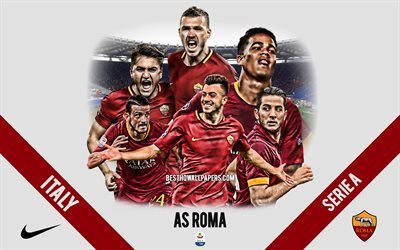 AS Roma, Italian football club, football players, leaders, Roma logo, emblem, Serie A, Rome, Italy, creative art, football, FC Roma, Alessandro Florenzi, Edin Dzeko
