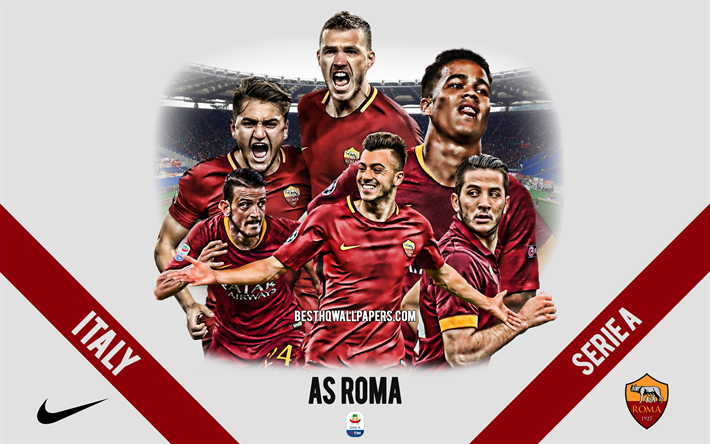 AS Roma, Italiensk fotboll club, fotbollsspelare, ledare, Roma logotyp, emblem, Serie A, Rom, Italien, kreativ konst, fotboll, FC Roma, Alessandro Florenzi, Edin Dzeko